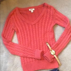 Arizona Jean Company Sweaters - Peach Pink V-Neck Cable Knit Sweater Arizona Jean Company Sweaters - Peach Pink V-Neck Cable Knit Sweater